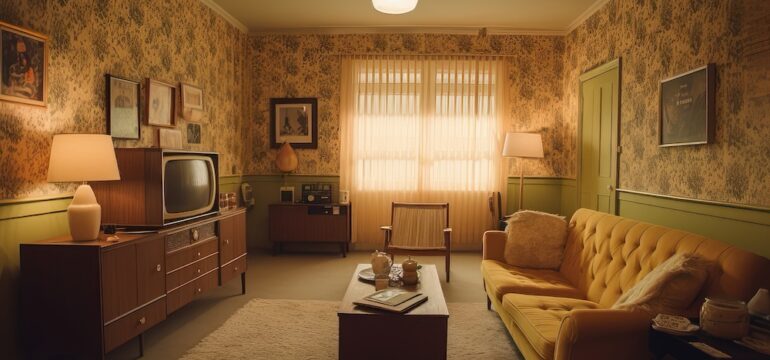 Outdated home decor in a mid-century living room. Retro wallpaper, furniture, and curtains.