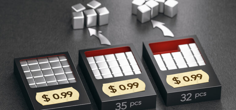 Economics concept of Shrinkflation. A 3D illustration of three packages with the same price but with a smaller quantity of product.