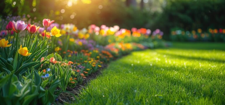 A beautiful, well-kept spring garden with a healthy lawn emphasizes the full bloom of flowers in the border. A diverse floral spectrum of tulips, daffodils, and hyacinths.