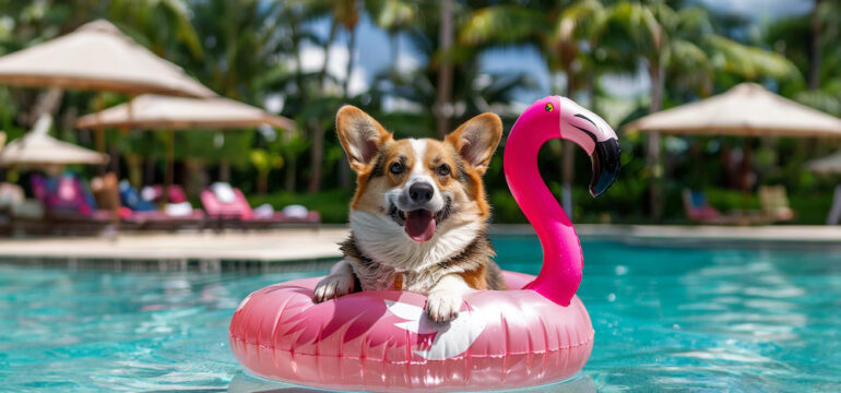 Dog in floating flamingo tube in a pool to demonstrate how to keep your pets cool in the summertime.