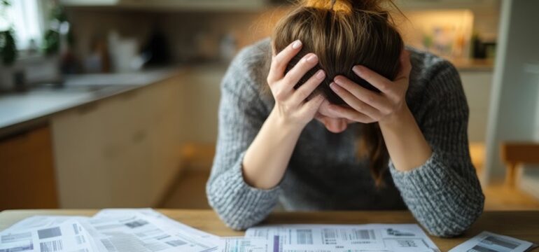 A woman overwhelmed by a pile of bills left by her deceased spouse's debts.