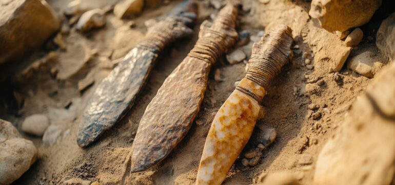 Close-up of prehistoric bone tool artifacts, showcasing their usage and craftsmanship.