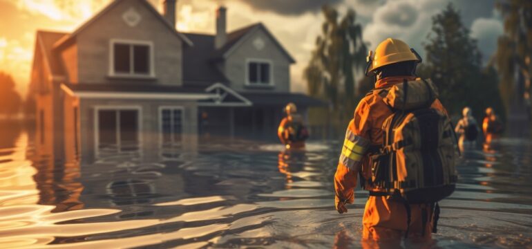 Emergency workers evacuate people from flooded coastal homes with rising sea levels in the background.