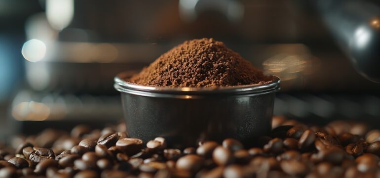 Tamped puck of coffee grounds within basket of portafilter and coffee beans spilled around in a dark and moody scene of natural light.