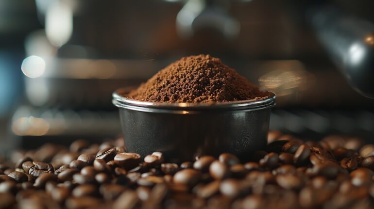 Tamped puck of coffee grounds within basket of portafilter and coffee beans spilled around in a dark and moody scene of natural light.