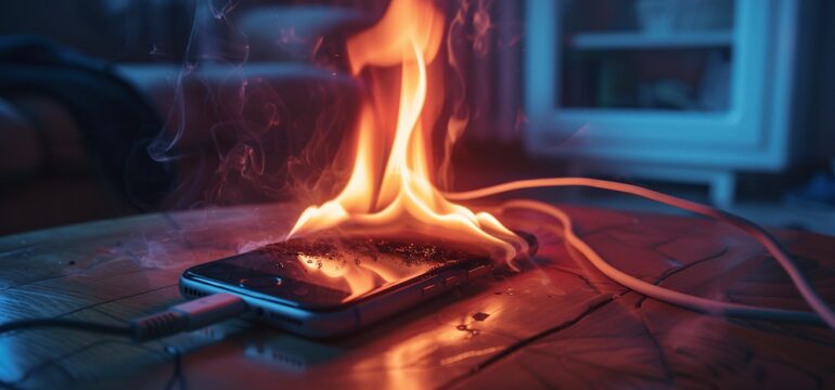 Lithium batteries in a cell phone overheating and on fire.