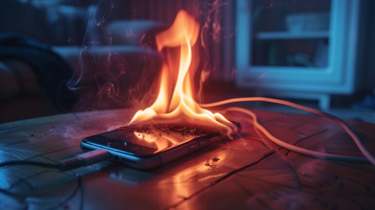 Lithium batteries in a cell phone overheating and on fire.