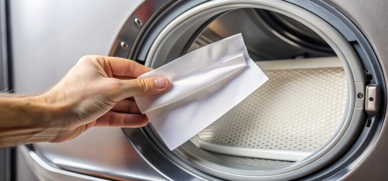 Dryer sheet being inserted into a dryer , laundry, cleaning, household, fabric softener