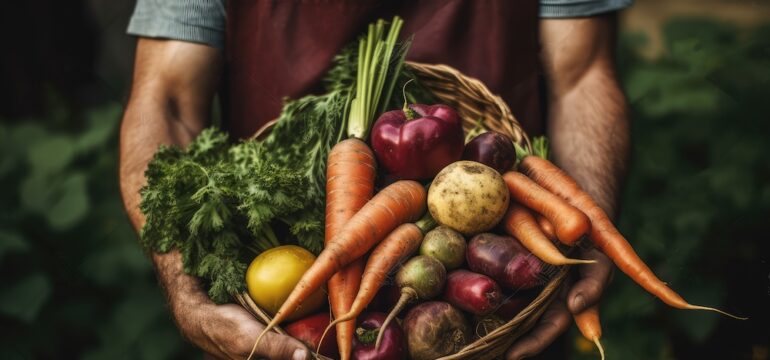 Homesteading lifestyle homeowner holding a freshly harvested basket of vegtables.