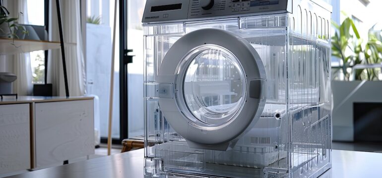 Modern energy-efficient washing machine with sleek design in a bright laundry room. Concept of checking the Energy Star label as a shopping guide.