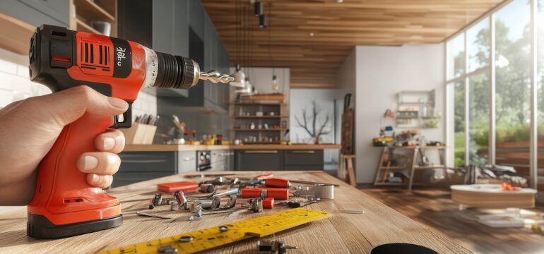 YouTube channels for home repair Wide panoramic close-up of skilled hands holding a power drill against a wooden surface.