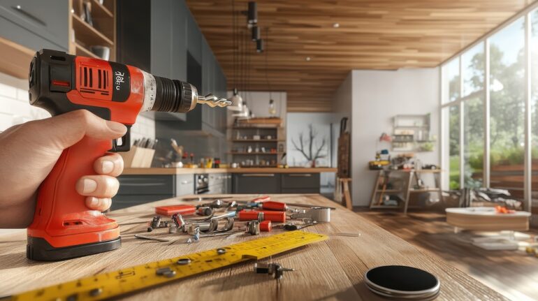 YouTube channels for home repair Wide panoramic close-up of skilled hands holding a power drill against a wooden surface.