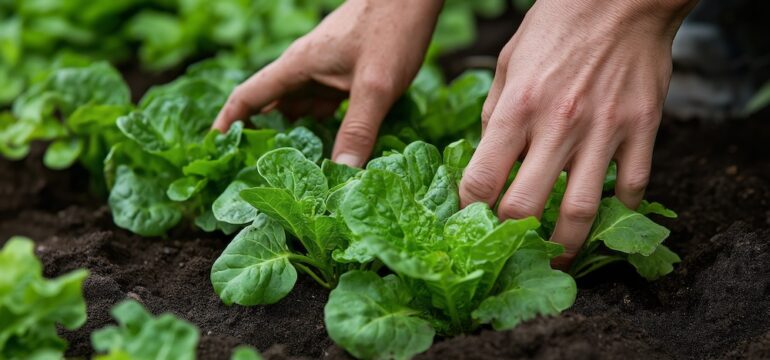 Gardening expertise in action: hands tending to lush green vegetables in a vibrant outdoor setting, perfect for home and community gardening inspiration.