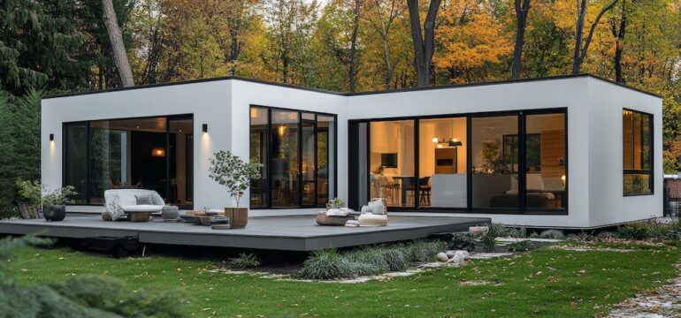 Modular, Mobile, and Manufactured Housing concept example with white smooth exterior, geometric shapes, recessed doorways, captured in bright natural daylight, and minimalist design.